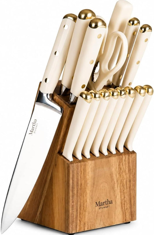 Martha Stewart Knife Block Set 16-Piece - Lockton High Carbon Stainless Steel Forged Full Tang Chef Knives, Acacia Wood Block, Triple Riveted Handles, Linen White & Gold by MarthaStewart