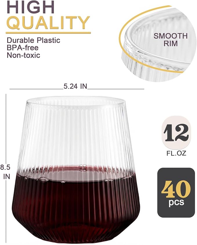 40 Pack Plastic Wine Glasses, 12 Oz Disposable Cocktail Whiskey Glasses | Ribbed Stemless Champagne Margarita Glasses, Clear Unbreakable Reusable Plastic Cups for Party Wedding Birthday - Image 5