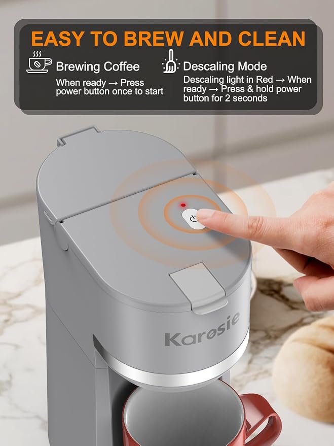 Single Serve Coffee Maker for K-Cup and Ground Coffee, Fast Brew, 6-12 oz Brew Sizes One Cup Coffee Machine Fits 5.5" Mugs, One-Button Small Coffee Maker with Descaling Reminder,Grey - Image 5