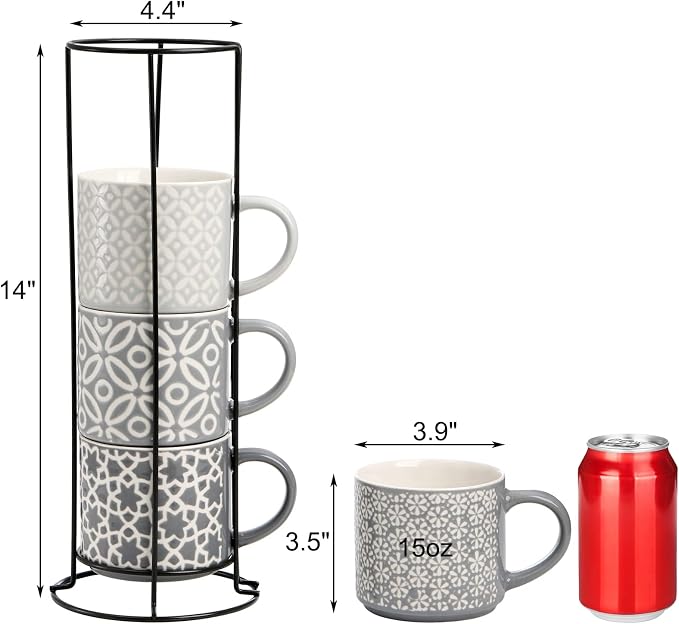 Hiceeden Set of 4 Coffee Mugs with Metal Stand, 15 oz Stackable Espresso Cups Ceramic Coffee Mugs for Cocoa, Latte, Americano, Cappuccinos or Beverages - Image 2