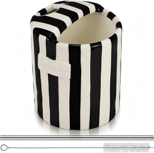 1 Pack Ceramic Coffee Mug with Sip Hole Espresso Cup 10oz with Straws Retro Hand Painted Striped Ceramic Iced Coffee Tea Travel Mug Latte Cup for Kitchen Dining (Simple,Black) by Ferrochef