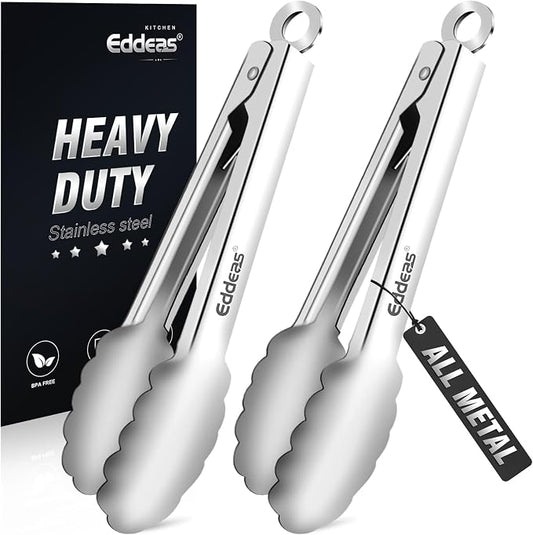 2PCS 7Inch Tongs for Cooking Heavy Duty All Metal Kitchen Tongs | Heat Resistant 600 Degree, All Stainless Steel Food Tongs,Non-Slip handle, Salad, Grilling, bbq, Dishwasher safe by Eddeas