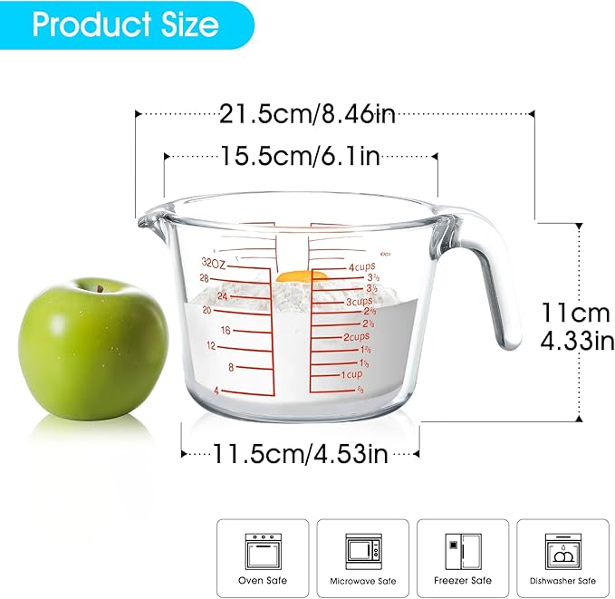 NUTRIUPS High Borosilicate 4 CUP Glass Measuring Cup, Glass Measuring Beaker with Multiple Measurement Scales, Easy to Read (4 CUP)