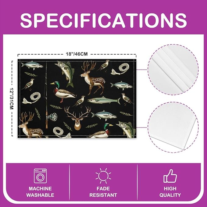 Feelyou Hunting and Fishing Placemats Set of 4 Deer Hunting Table Mats Rustic Cabin Lake House Place Mat for Kitchen Dining Table Party Decor Indoor Outdoor 18"x12" Non-Slip Easy to Clean - Image 4