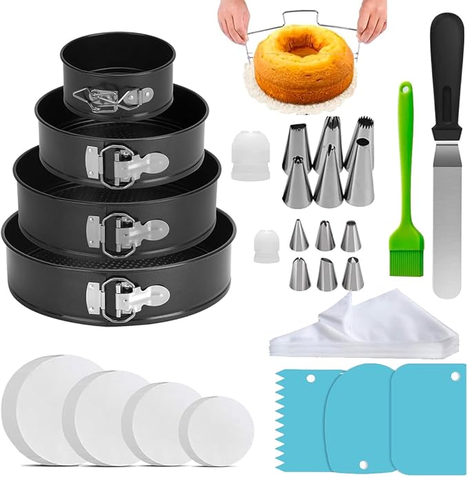 Round Cake Pan Sets for Baking Cake Decorating Supplies: 4 Non-Stick Springform Pans Set (4, 7,9,10 inches), Icing Tips, Cake Leveler – Multi-functional Leak-Proof CheeseCake Pan by YINAISIKE