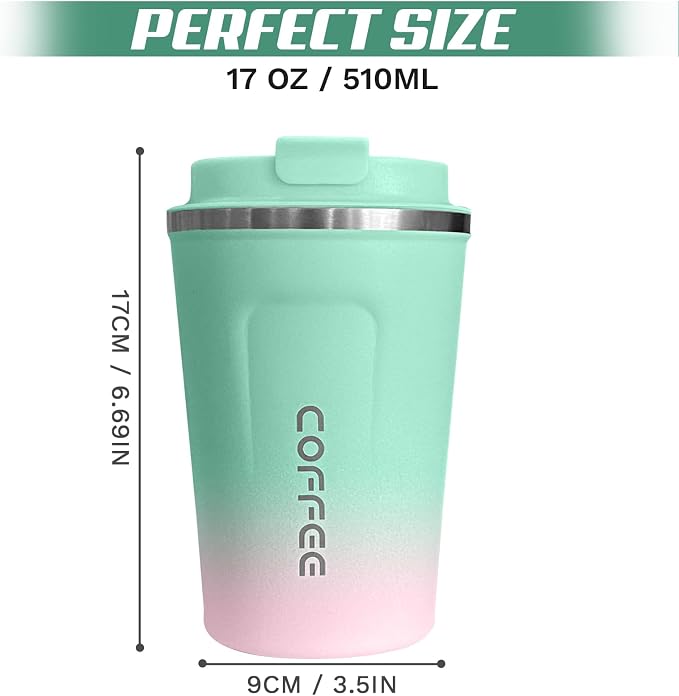 SPLMIFA Travel Coffee Mug Leak-Proof, Reusable Coffee Cups with Lids, Stainless Steel Vacuum Insulated Coffee Tumblers, Thermal Insulation Cup for Men and Women Hot & Cold Drinks(2nd-Green Pink, 17OZ) - Image 4