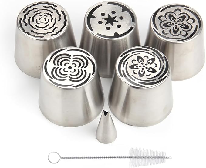 7 Pieces Stainless Steel Extra Large Russian Tulip Icing Tips Set, 5 XXL Russian Flower Piping Nozzles,1 Cleaning Brush,1 Small Leaf Tip for Cake Decorations,Flower Frosting Nozzles for Decorating