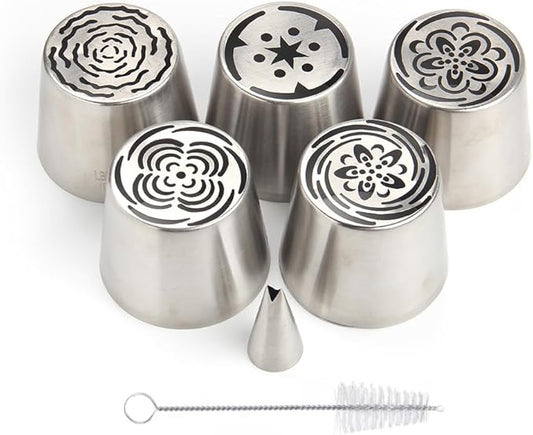 7 Pieces Stainless Steel Extra Large Russian Tulip Icing Tips Set, 5 XXL Russian Flower Piping Nozzles,1 Cleaning Brush,1 Small Leaf Tip for Cake Decorations,Flower Frosting Nozzles for Decorating