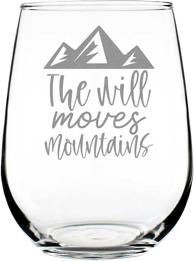 The Will Moves Mountains Stemless Wine Glass, Hand Engraved 17oz Etched Glassware, Motivational Mountain by Make+Your+Mark+Design