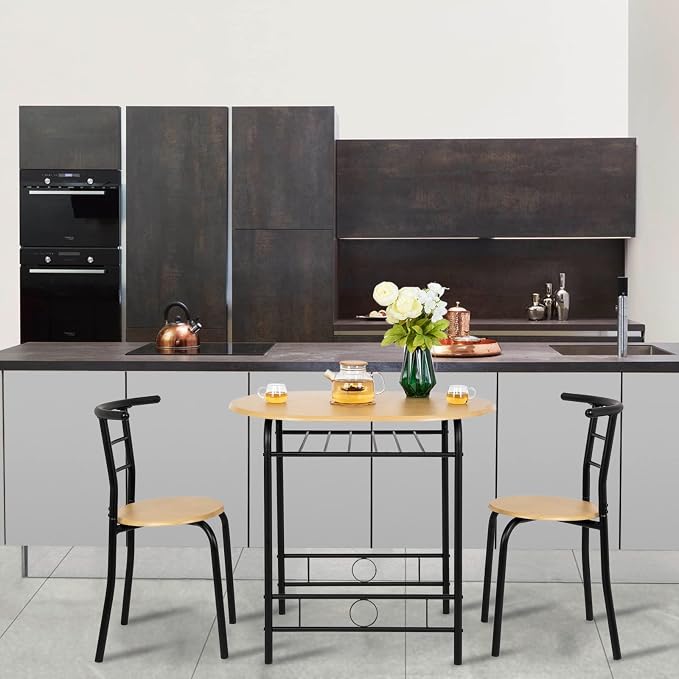 VINGLI 3 Piece Dining Set,Small Kitchen Table Set for 2,Breakfast Table Set for 2,Kitchen Wooden Table and 2 Chairs for Small Space/Dining Room/Apartment,Metal Frame,Wine Rack,Black&Natural - Image 4