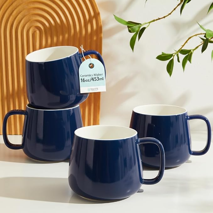 Teocera 16oz Ceramic Coffee Mugs Set of 4 – Stackable Latte Cups, Microwave, Dishwasher & Oven Safe – Ideal for Coffee, Cappuccino, Hot Chocolate, Housewarming Gifts, Dark Blue by Teocera
