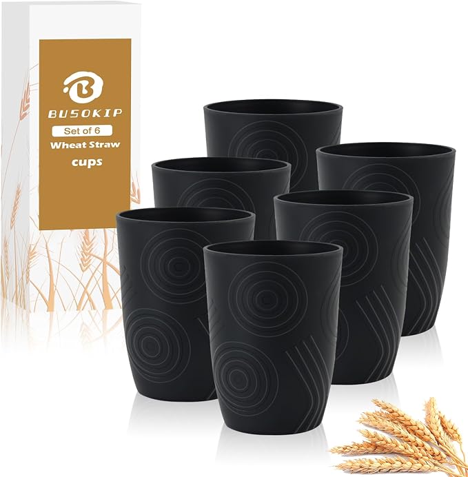 Wheat Straw Cups Sets of 6, Plastic Cups Reusable, Drinking Cup for Kitchen, Small Kids Cup, Unbreakable Water Cup, Dishwasher Safe Plastic Glasses for Kitchen, Camping, School (Black) by BUSOKIP