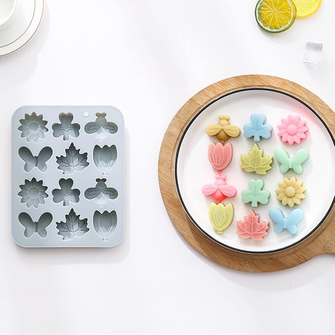 24 Cavities Unique Candy & Chocolate Silicone Mold, 6 Different Shapes, Including Leaf, Flower, Grass, Honey, Butterfly, Non-Stick, Baking Molds for Making Cake Decoration, Jelly, Ice Cubes, 2 Count