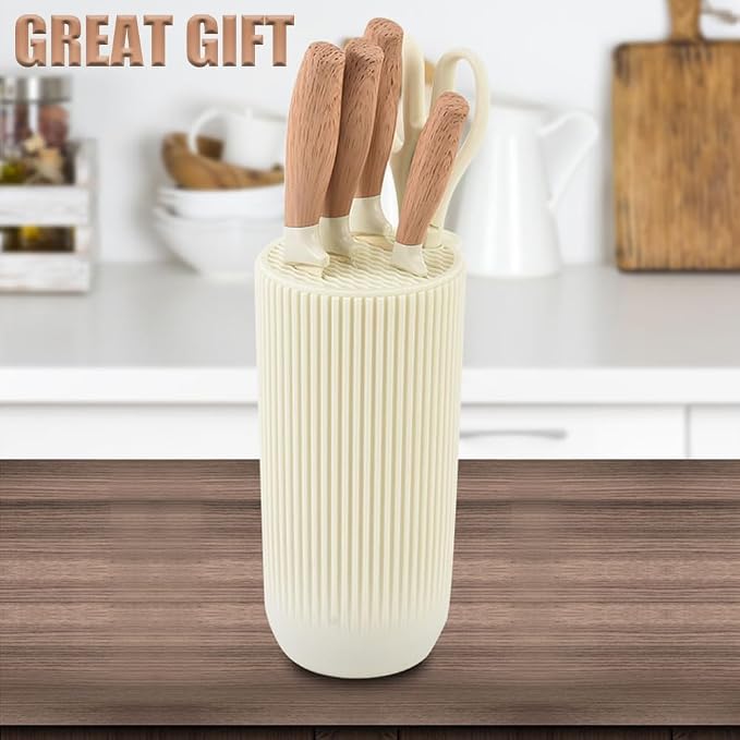 Knife Set, Wiztoynia 6-Piece Beige Kitchen Knife Set for Home, Anti-Rust Non-stick Stainless Steel Sharp Chef Knife Set with Universal Knife Block for Kitchen, Ergonomical Design (Beige) - Image 7