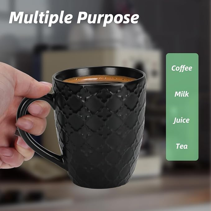 16 OZ Bone Coffee Mugs Set of 6 Matte Black | Large Ceramic Coffee Mugs Set with Different Texture Patterns, Porcelain Cups with Handle for Espresso Latte Tea Milk - Image 6