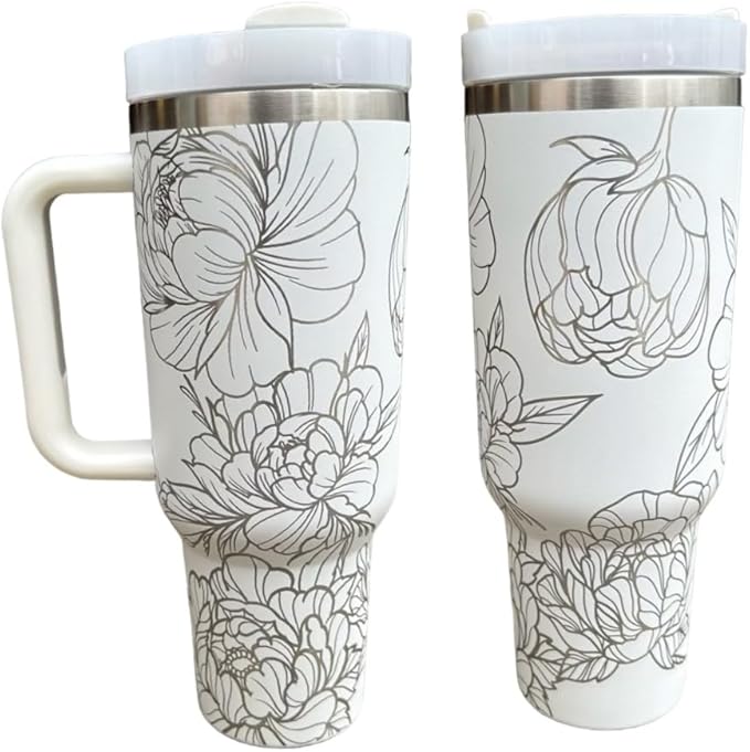 Western Engraved 40oz Tumbler, Tumbler with handle, Cowgirl Tumbler, Country Mug with Handle (White-Peonies(W))