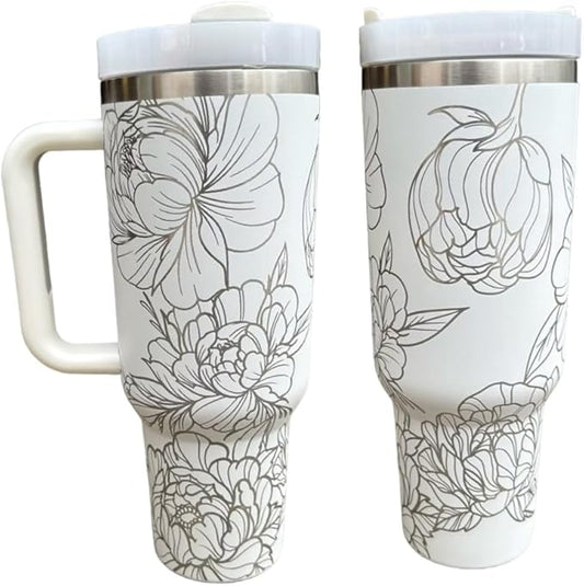 Western Engraved 40oz Tumbler, Tumbler with handle, Cowgirl Tumbler, Country Mug with Handle (White-Peonies(W))