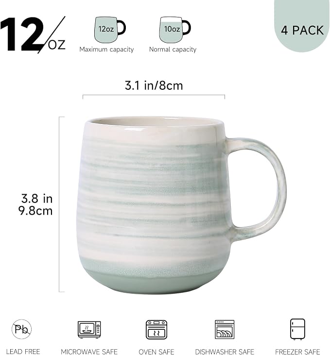 Coffee Mugs Set of 4, 12oz Stoneware Coffee Cups with Handle, Light Green | Hand-Painted Ceramic Mugs Set for Women and Men, Dishwasher & Microwave Safe, Suitable for Hot Coffee, Tea, Cocoa, Milk - Image 3