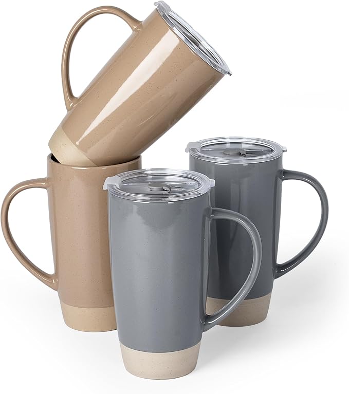 famiware Milkyway Coffee Mugs, 20oz Large Coffee Mug, Ceramic Mug Set of 4 with Lid, Cup Set with Handle for Latte, Tea, Cocoa, Milk, Home & Office, Cinnamon Brown and Dark Gray by Famiware