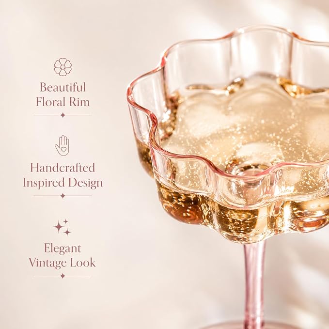 Flower Scalloped Vintage Wavy Petals Wave Glass Coupes 7oz Colorful Martini, Champagne & Cocktails, 4 Set Pink Rippled Champagne Glasses, Elegant Bar Glassware, Unique Aesthetic Coupe Glassware Gifts - Image 7