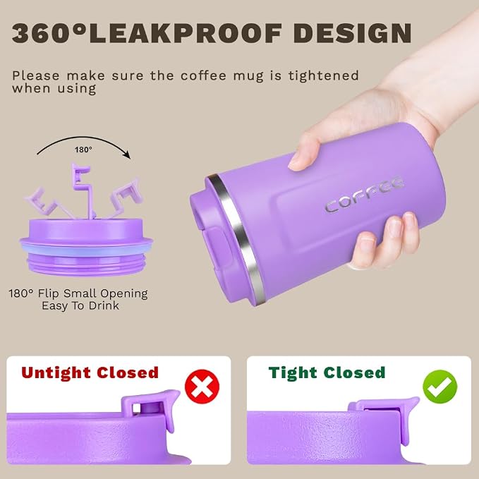 SPLMIFA Travel coffee mugs leak-proof, reusable coffee cup with lid, stainless steel vacuum insulated coffee tumblers, thermal insulation cups for men & women keep drinks hot & cold (2nd-Purple, 12OZ) - Image 5