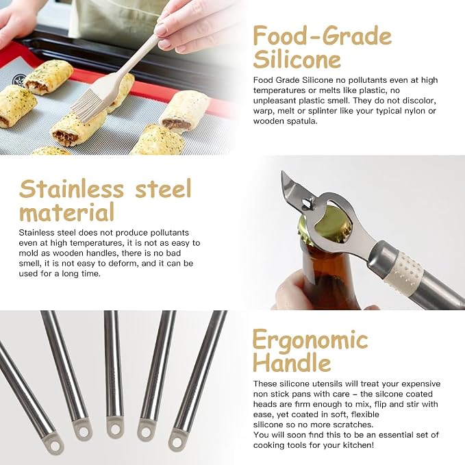 Kitchen Utensil Set-Silicone Cooking Utensils-33 Kitchen Gadgets & Spoons for Nonstick Cookware-Silicone and Stainless Steel Spatula Set-Best Kitchen Tools, Useful Pots (Khaki) - Image 5