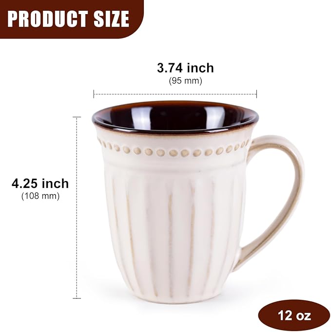 12oz French Perle Groove Ceramic Mugs Set of 4, Off White Pearl Texture, Dishwasher Microwave Oven Safe, for Latte, Cappuccino, Tea, Espresso & Hot Cocoa, Ideal Gift for Him, Her, Dad & Mom - Image 3