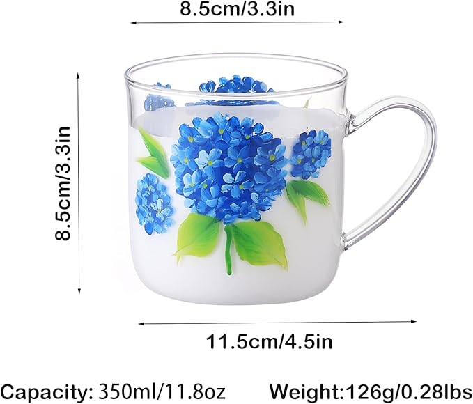 12oz/350ml Hand Painted Glass Cups With Handle,Clear Glass Coffee Cups,Coffee Glasses For Hot Beverages,Clear Mugs (Hydrangea)