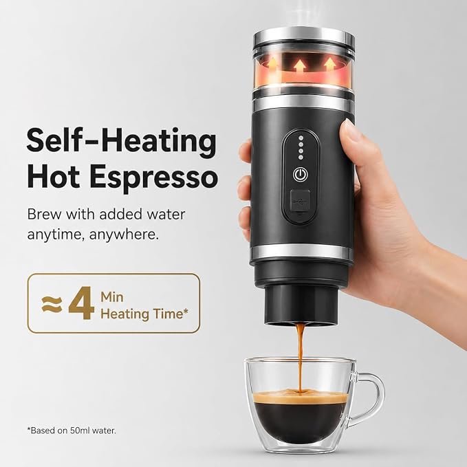 welsteepse Portable Coffee Maker for Ground Coffee & Capsules, Self-Heating Travel Coffee Machine with 20 Bar Pressure and Milk Frother for Car, Office, Hotel, Camping and Business Trips - Image 2
