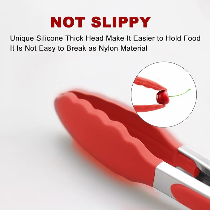2 Pack Silicone Kitchen Tongs, 9 & 12 Inch, Stainless Steel, Red - Image 2
