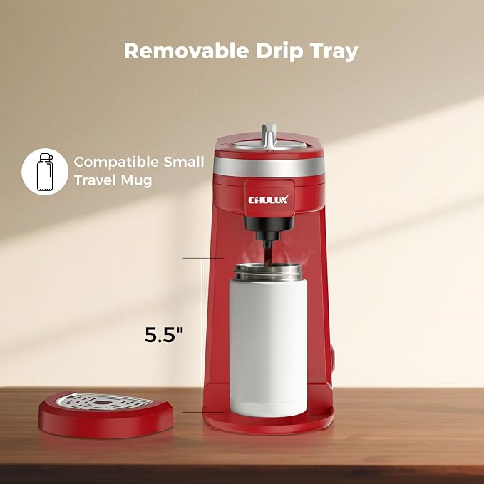 CHULUX Mini Single Cup Coffee Maker for K Pod, Perfect for Small Space, Red | Fast-Heating Boiler System, Single Cup Brewing, Portable Compact Design, Four-Hole Multi-Stream Needle, Adjustable Drip Tray - Image 7