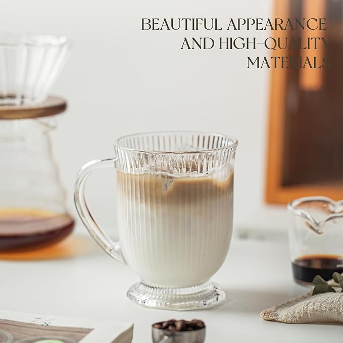KEMORELA Glass Coffee Mugs Set of 8, Ribbed Large Coffee Mug 16 Oz With Handles for Hot Beverages, Clear Mugs for Tea, Cappuccino, Latte, Espresso Coffee, Glass Coffee Cups Large Coffee Mug - Image 4