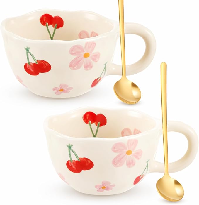 Vesici 2 Pcs Ceramic Coffee Mugs with Spoon, Vintage Floral Spring Mugs with Handle, 8.5 oz Aesthetic Flower Porcelain Tea Cup Set, Dishwasher & Microwave Safe Mothers Day Gifts for Mom(Cherry) by Vesici