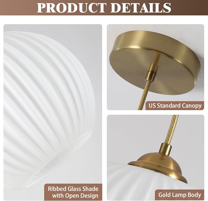 KCO Lighting Modern Brass Gold Globe 7.9” Ribbed Milk Glass Pendant Light | Small E26 Adjustable Cord Hanging Lamp, Mid Century Vintage Ceiling Light Fixture for Kitchen Island Dining Room Bedroom Bar - Image 3