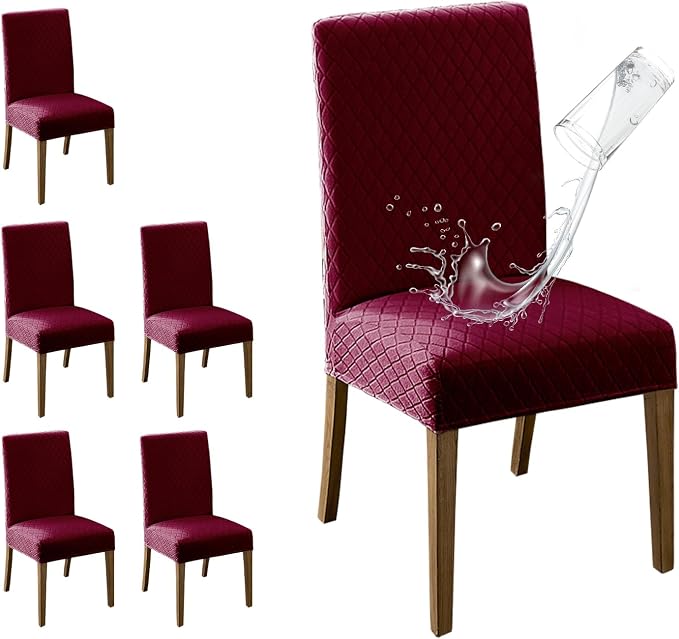 MOSAYT 100% Waterproof Dining Room Chair Covers Set of 6, Super Fit Stretch Jacquard Parson Chairs Slipcovers Removable Washable Chair Seat Protectors for Home, Kitchen, Banquet (Burgundy - XL) by MOSAYT