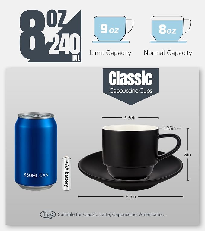 Lareina 8 Ounce Porcelain Cappuccino Cups Set of 4, Stackable Coffee Cups with Saucers, Spoons and Metal Stand -for Specialty Coffee Drinks, Cappuccino, Latte, Americano and Tea, Black - Image 3