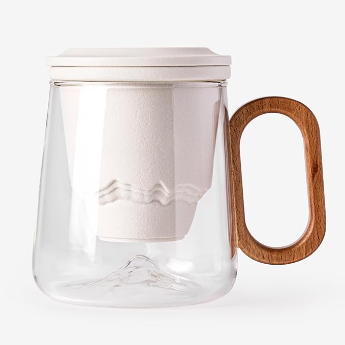 Tea Cup with Infuser and Lid 15oz - Mountain Design Tea Infuser Mug, Loose Leaf Tea Gift Set with Wood Handle, Anniversary Birthday Gift for Nature Lovers