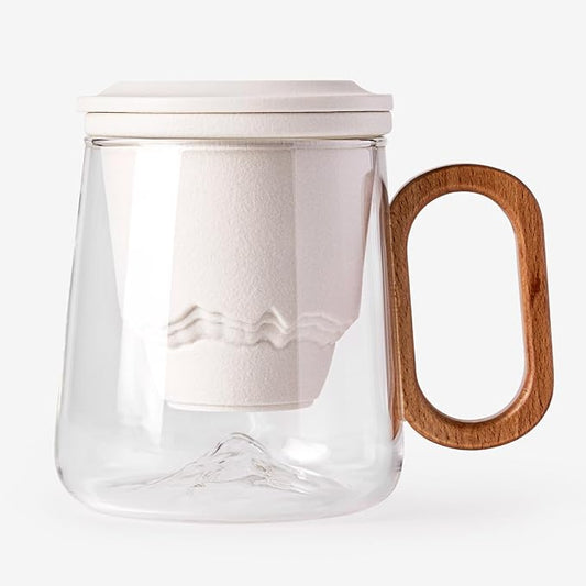 Tea Cup with Infuser and Lid 15oz - Mountain Design Tea Infuser Mug, Loose Leaf Tea Gift Set with Wood Handle, Anniversary Birthday Gift for Nature Lovers