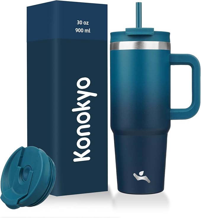 Konokyo 30 oz Insulated Tumbler Water Bottle with Handle, Straw Lid | BPA-free and dishwasher safe; made for gym, travel, coffee and gifting, 2 straws, cup holder friendly,Indigo Black by Konokyo