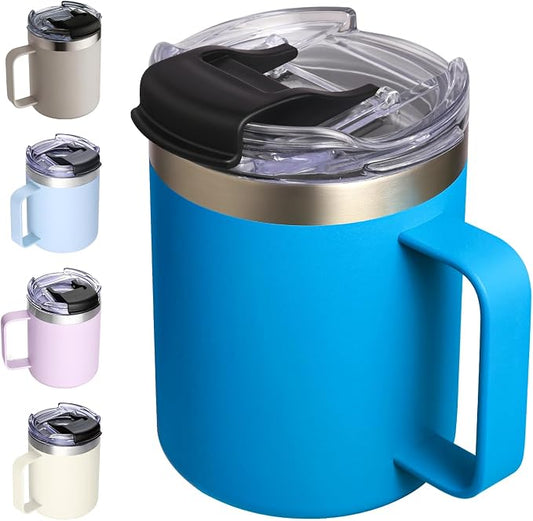 12oz Insulated Coffee Mug Cup with Handle, Stainless Steel Travel Coffee Mug with Flip Lid, Double Wall Vacuum Coffee Tumbler,Sky Blue by ALOUFEA