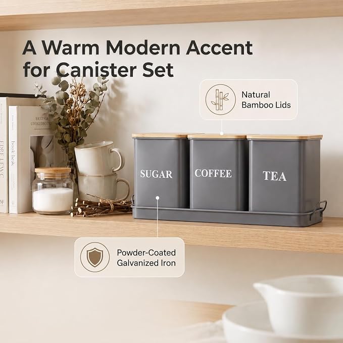 Coffee Tea Sugar Container Set , 50 oz Metal Kitchen Canisters-Gray | Countertop Storage Containers with Wood Lids and Tray, Storage Canister for Coffee Bar, Pantry and Farmhouse Kitchen Decor - Image 5