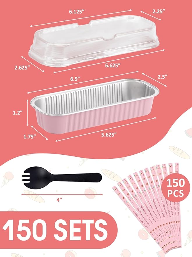 150 Pack 6.8 oz Disposable Mini Loaf Pans with Lids and Spoons - 6.5x2.5x1.2 Pink Aluminum Loaf Pans, Small Aluminum Tin Foil Baking Pan, Food Containers for Baking, Cakes, Bread, Loaves