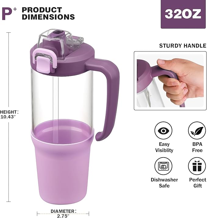 32 oz Glass Tumbler with Handle, 2-in-1 Straw and Sip Spout, Leakproof, BPA-Free Glass Water Bottle for Sports, Office, School, Lilac