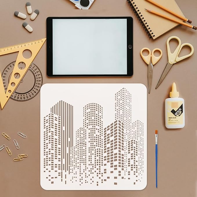 FINGERINSPIRE Skyscraper Stencil with Paint Brush 11.8x11.8inch Reusable City Buildings Drawing Template Tall Buildings Stencil Large Modern Cityscape Template for DIY Crafts Furniture Wall Decor - Image 3