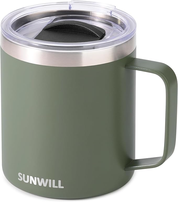 SUNWILL Travel Coffee Mug with Lid, Insulated Tumbler with Handle, 14 oz Stainless Steel Cup for Home, Office, Camping, Powder Coated Camp Green by SUNWILL