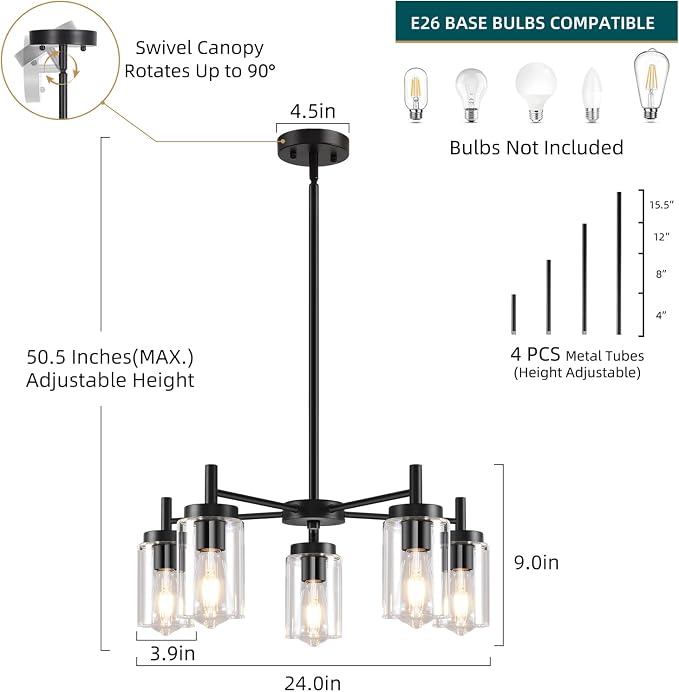 5 Lights Black Modern Farmhouse Chandelier for Dining Room with Glass Shade, Pre-Wired Height Adjustable Pendant Light Ceiling Lighting Fixture for Dining Living Room Bedroom Kitchen Foyer - Image 4