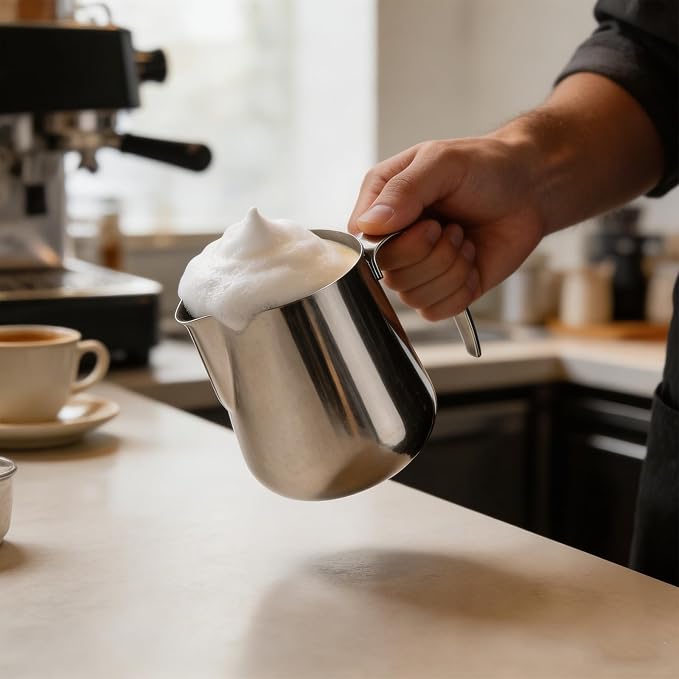 Espresso Milk Pitcher Stainless Steel with Angled Pour Spout, Measurement Marks and Side Handle for Home Coffee Mixing Pour Spout and Grip Handle for Coffee Prep - Image 2