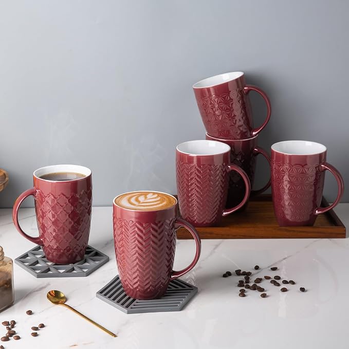 AmorArc Extra Large Coffee Mugs Set of 6, 20oz Ceramic Tall Coffee Mugs with Textured Geometric Patterns for Latte/Tea/Beer/Hot Cocoa, Dishwasher & Microwave Safe, Burgundy - Image 6