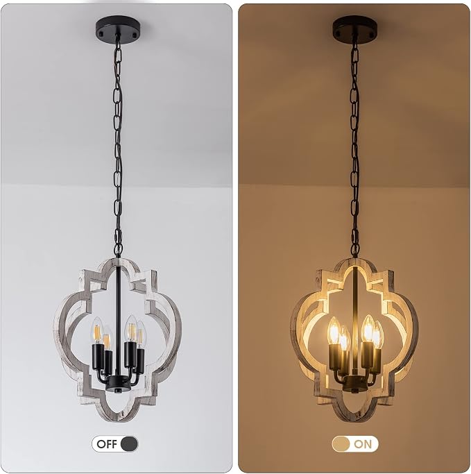 4-Light 15" Farmhouse Orb Chandelier Rustic Handmade Distressed White Wood Hanging Ceiling Pendant Light Fixture Wood Lantern Chandeliers for Dining Room Kitchen Bedroom Foyer Hallway - Image 7