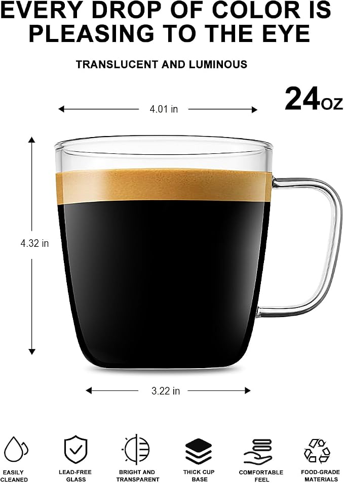 LUXU Glass Coffee Mugs, 24 oz Ice coffee cups,Large Beer Mugs Set of 2 | Everyday Drinkware,Water Glass,Glass Drink Tumblers,Bar Glassware,Borosilicate Glass Mugs with Handle for Hot/Cold Beverages - Image 2